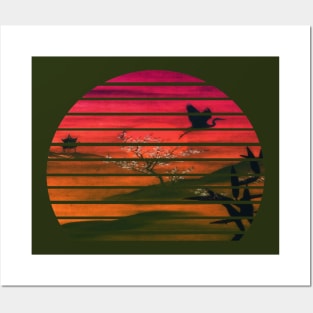 Lispe Traditional Japanese Aesthetic Sunset with Crane Silhouette Posters and Art